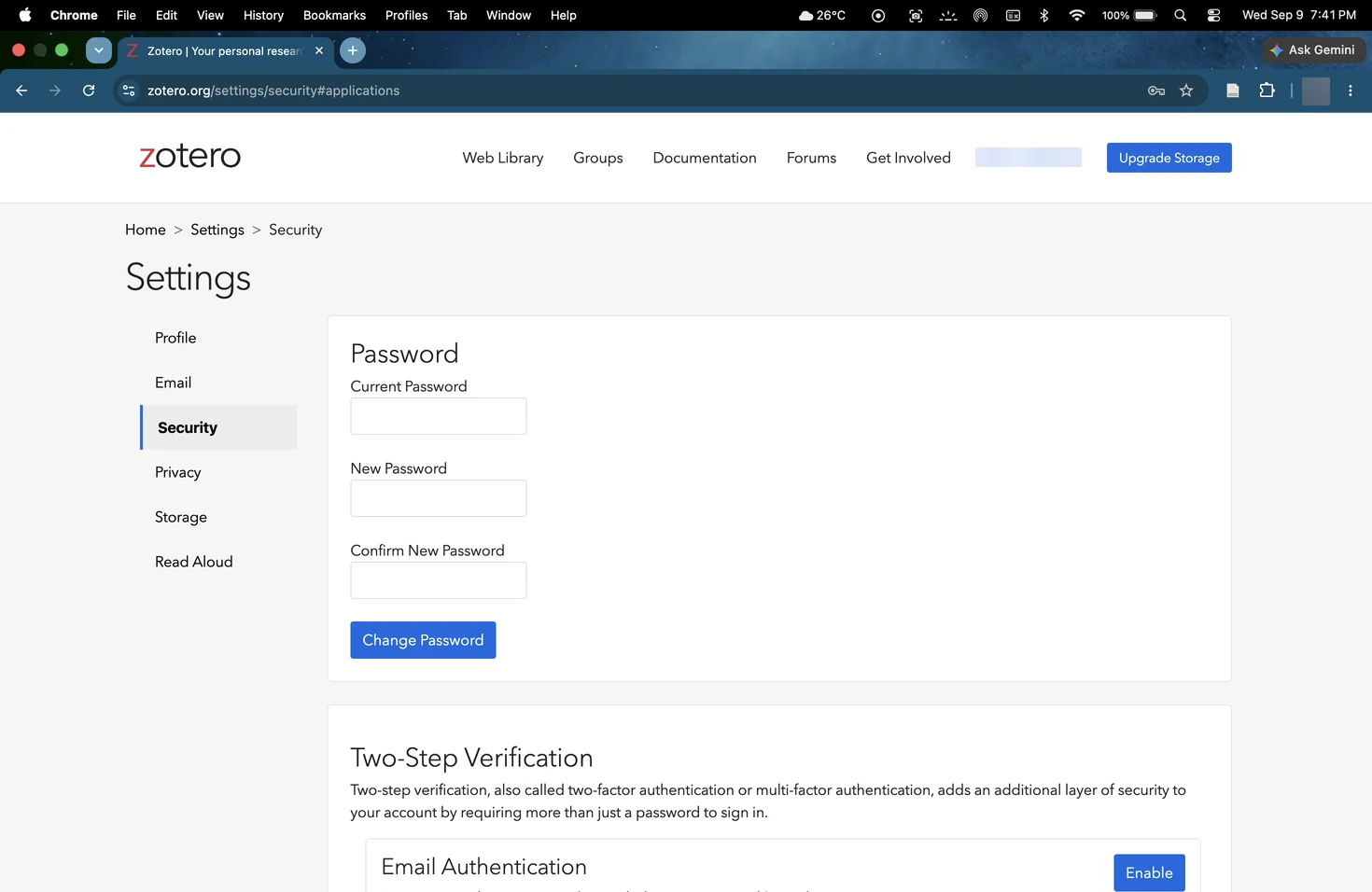 The Zotero settings page with Security selected in the sidebar.