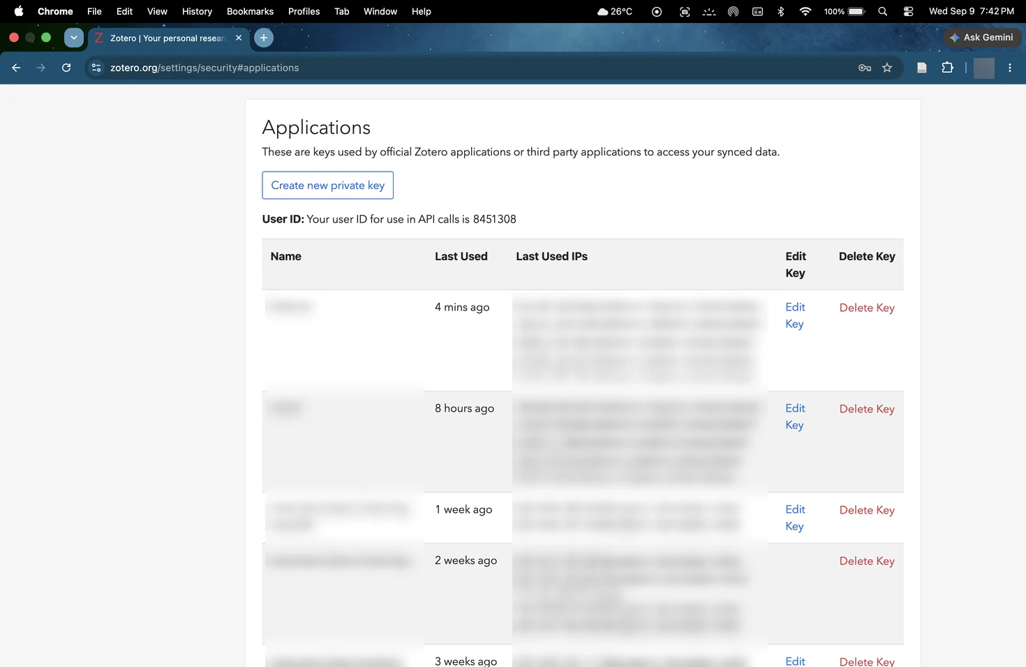 The Applications section of Zotero settings, showing the user ID for API calls.