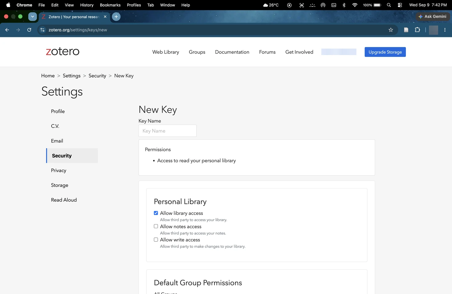 The New Key form in Zotero with an empty Key Name field.