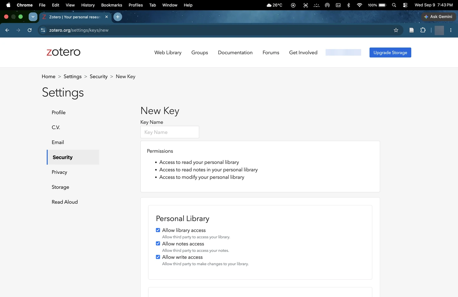 The Personal Library permissions with library, notes, and write access all checked.